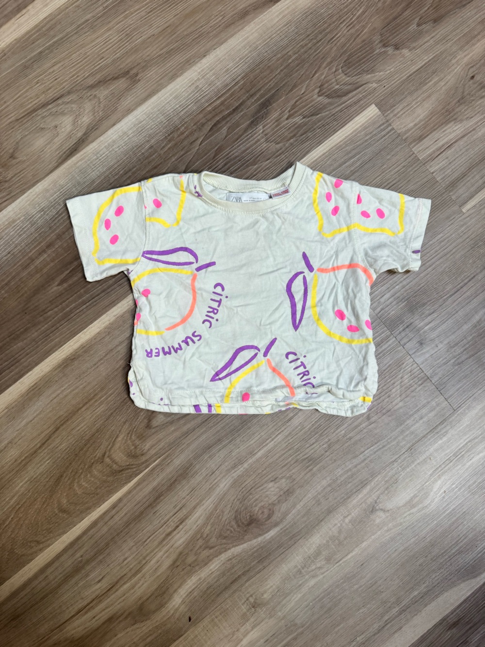 Zara Kids Short Sleeve Tee - White with Yellow, Pink & Purple Print